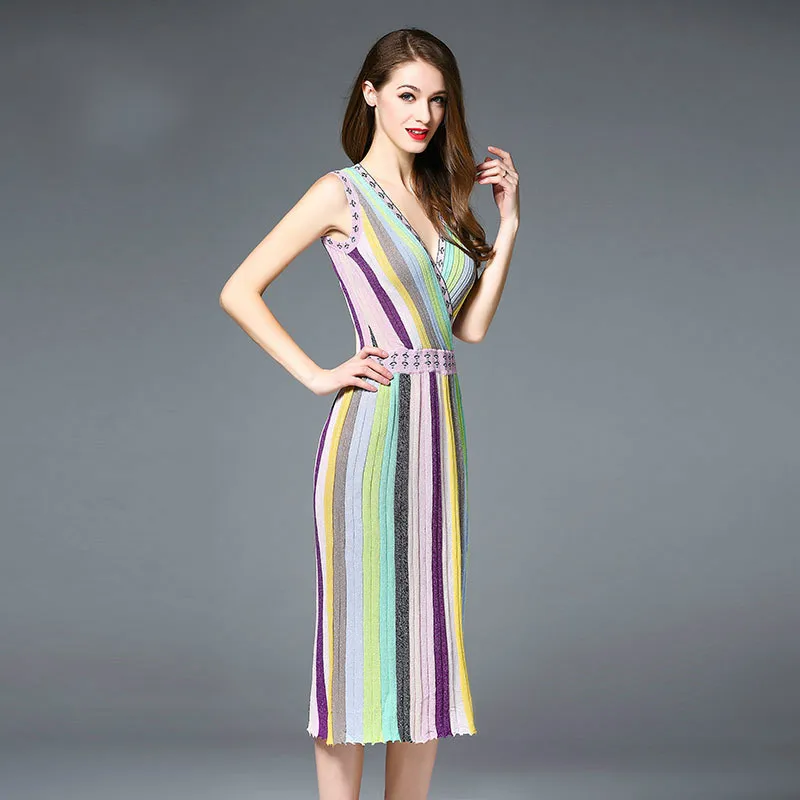 2018 Summer Women's Dress Sexy Striped Spliced Dresses Sleeveless V Neeck Slim Knit Dresses with Beading
2018 Summer Women's Dress Sexy Striped Spliced Dresses Sleeveless V Neeck Slim Knit Dresses with Beading