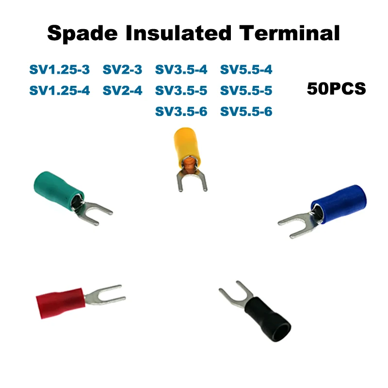 50Pcs Spade Insulated Furcate Crimp Terminal Electrical Wire Connector SV1.25-3~SV5.5-6 Cable Lug Ferrules 22-10AWG 0.5-6mm2
50Pcs Spade Insulated Furcate Crimp Terminal Electrical Wire Connector SV1.25-3~SV5.5-6 Cable Lug Ferrules 22-10AWG 0.5-6mm2