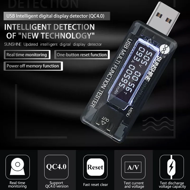 SUNSHINE SS-302A QC 2.0 3.0 4.0 LCD Current Voltage Charger Capacity Tester USB Charger Doctor Power Meter Text Voltmeter
SUNSHINE SS-302A QC 2.0 3.0 4.0 LCD Current Voltage Charger Capacity Tester USB Charger Doctor Power Meter Text Voltmeter
