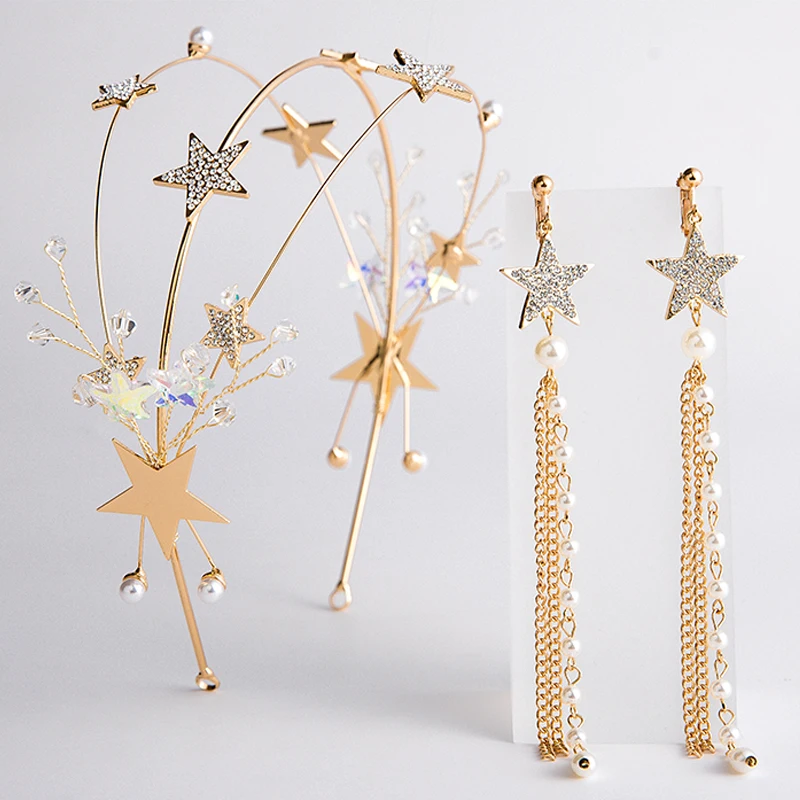 Golden color Simple Crown With Earrings Stars Bridal Tiara Wedding Hair Accessories Headband Fashion Crowns Girl's Hair Jewelry
Golden color Simple Crown With Earrings Stars Bridal Tiara Wedding Hair Accessories Headband Fashion Crowns Girl's Hair Jewelry