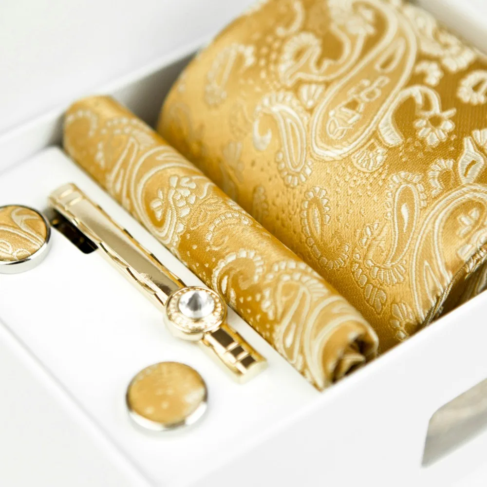 Ties Four Piece Set Floral Paisley Solid Gold Yellow Champagne Mens Neckties Pocket Square Tie Clip Cufflinks New Silk Wholesale
Ties Four Piece Set Floral Paisley Solid Gold Yellow Champagne Mens Neckties Pocket Square Tie Clip Cufflinks New Silk Wholesale