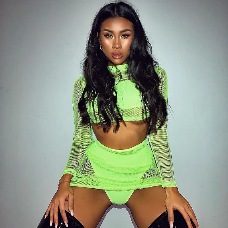 BKLD Crop Top And Skirt Set Outfit Tracksuit For Women Summer Clubwear Sheer Mesh Long Sleeve Mini Skirts Neon Two Piece Set
BKLD Crop Top And Skirt Set Outfit Tracksuit For Women Summer Clubwear Sheer Mesh Long Sleeve Mini Skirts Neon Two Piece Set