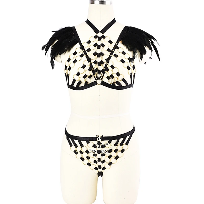 Feather Epaulettes Golden Ring Harness Bra Gothic Body Harness Set Sexy Lingerie Elastic Adjust Bottom Panties Thongs G-string
Feather Epaulettes Golden Ring Harness Bra Gothic Body Harness Set Sexy Lingerie Elastic Adjust Bottom Panties Thongs G-string