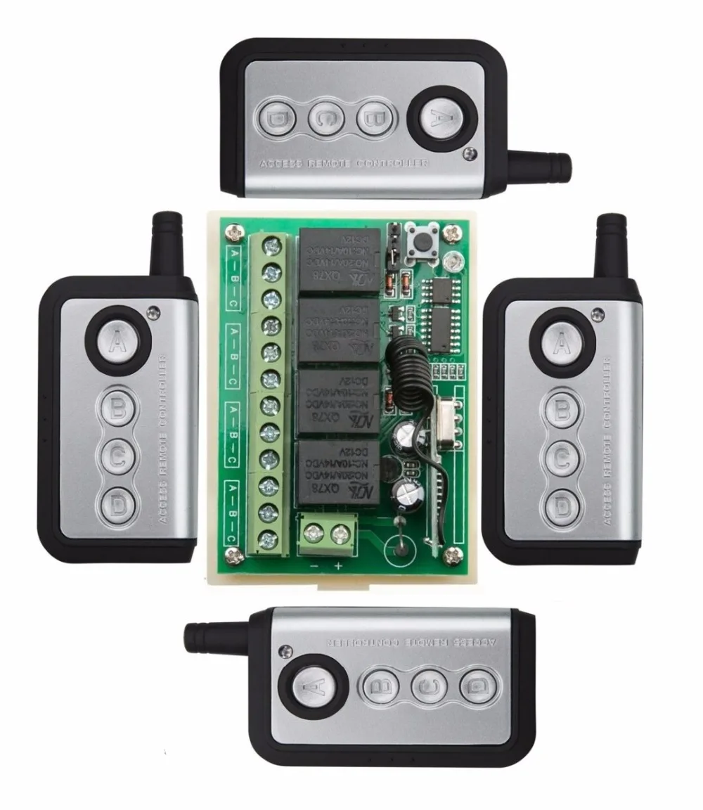 DC12V 10A 4CH Radio Controller RF Wireless Relay Remote Control Switch 315 MHZ 433 MHZ 4 * Transmitter + Receiver /lamp/ window
DC12V 10A 4CH Radio Controller RF Wireless Relay Remote Control Switch 315 MHZ 433 MHZ 4 * Transmitter + Receiver /lamp/ window