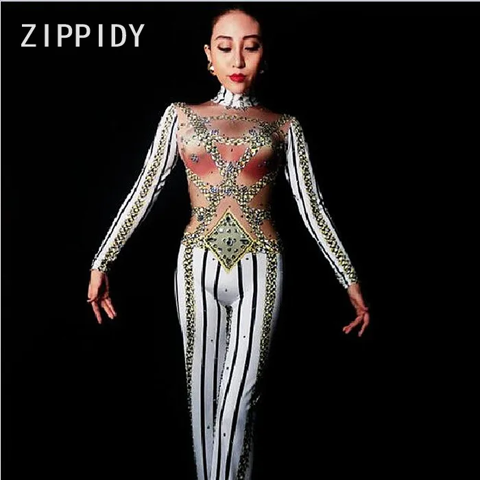 Black White Striped Chains Printed Stones Jumpsuit Nightclub Female Singer Dance DS Outfit Women's Party Sexy Stretch Stage Wear
Black White Striped Chains Printed Stones Jumpsuit Nightclub Female Singer Dance DS Outfit Women's Party Sexy Stretch Stage Wear