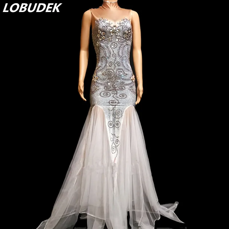 Silver Rhinestones White Gauze Trailing Dress Evening Party Birthday Celebrate Prom Outfit Singer Model Host Sexy Stage Costume
Silver Rhinestones White Gauze Trailing Dress Evening Party Birthday Celebrate Prom Outfit Singer Model Host Sexy Stage Costume