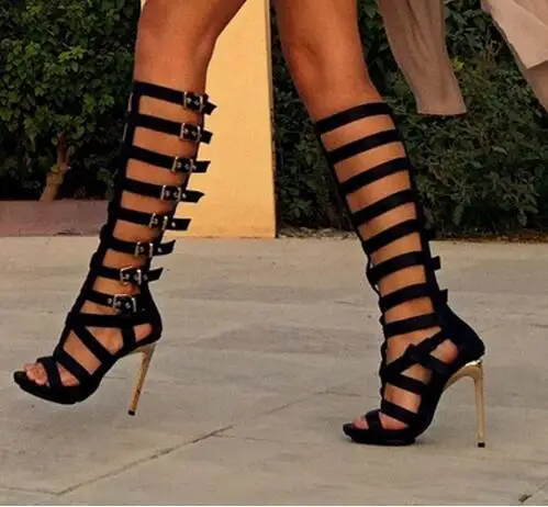 Women Sexy Open Toe Black Leather Knee High Gladiator Boots Stiletto Heel Cut-out Buckle Strappy High Heel Boots Big Size 42
Women Sexy Open Toe Black Leather Knee High Gladiator Boots Stiletto Heel Cut-out Buckle Strappy High Heel Boots Big Size 42