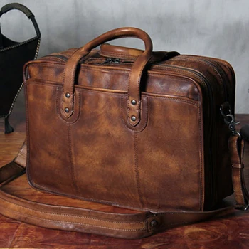 Luxury Vintage Men Genuine Leather shoulder bag Leather messenger bag men crossbody bag male tote handbag large 15.4
