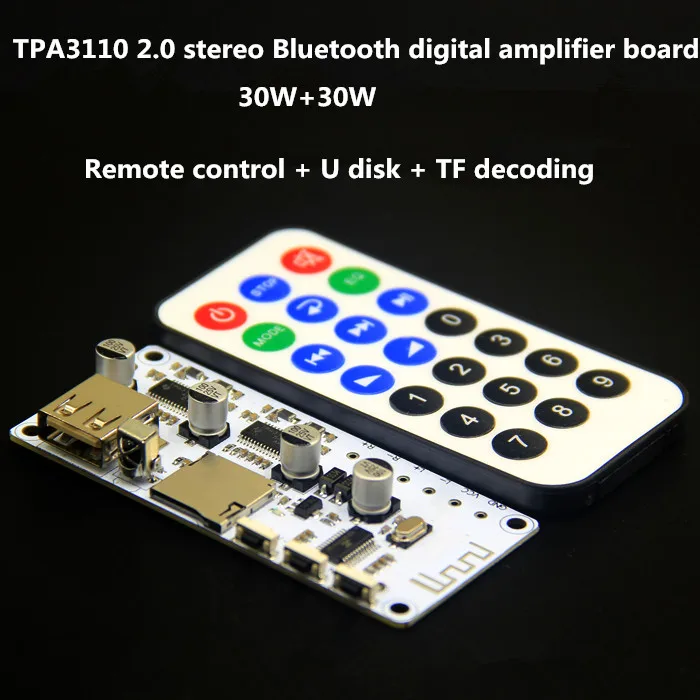 DC16V TPA3110 2*30W 2.0 channel stereo Bluetooth digital amplifier board With remote control + U disk + TF decoding
DC16V TPA3110 2*30W 2.0 channel stereo Bluetooth digital amplifier board With remote control + U disk + TF decoding