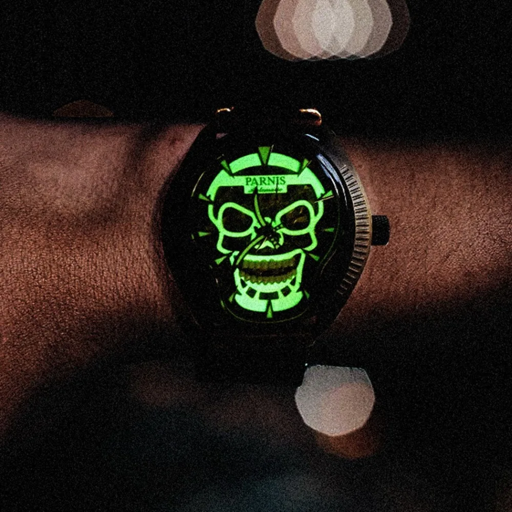 Parnis Men Automatic Watch 40mm Tonneau Mechanical Wristwatch Sapphire Mirror Luminous Skeleton Skull Dial
Parnis Men Automatic Watch 40mm Tonneau Mechanical Wristwatch Sapphire Mirror Luminous Skeleton Skull Dial