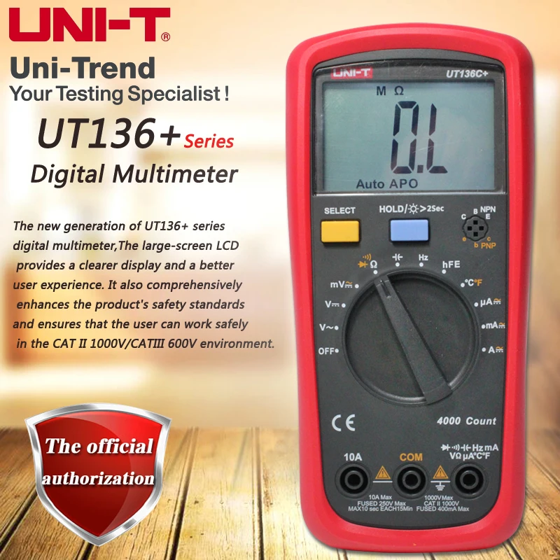 UNI-T UT136B+/UT136C+ Automatic Range Digital Multimeter; Resistor/Capacitor/Frequency/Temperature/HFE/NCV Test
UNI-T UT136B+/UT136C+ Automatic Range Digital Multimeter; Resistor/Capacitor/Frequency/Temperature/HFE/NCV Test