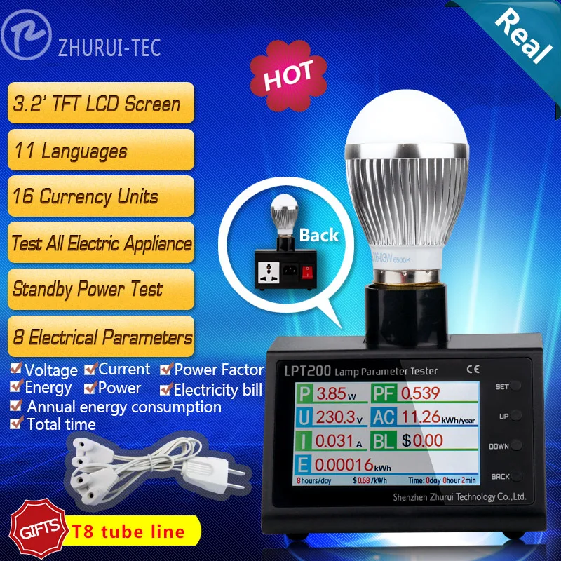 ZHURUI LPT200 AC power watt meter / kwh/ monitor/ Led lamp tester with E27/E14 /T8 adapters
ZHURUI LPT200 AC power watt meter / kwh/ monitor/ Led lamp tester with E27/E14 /T8 adapters