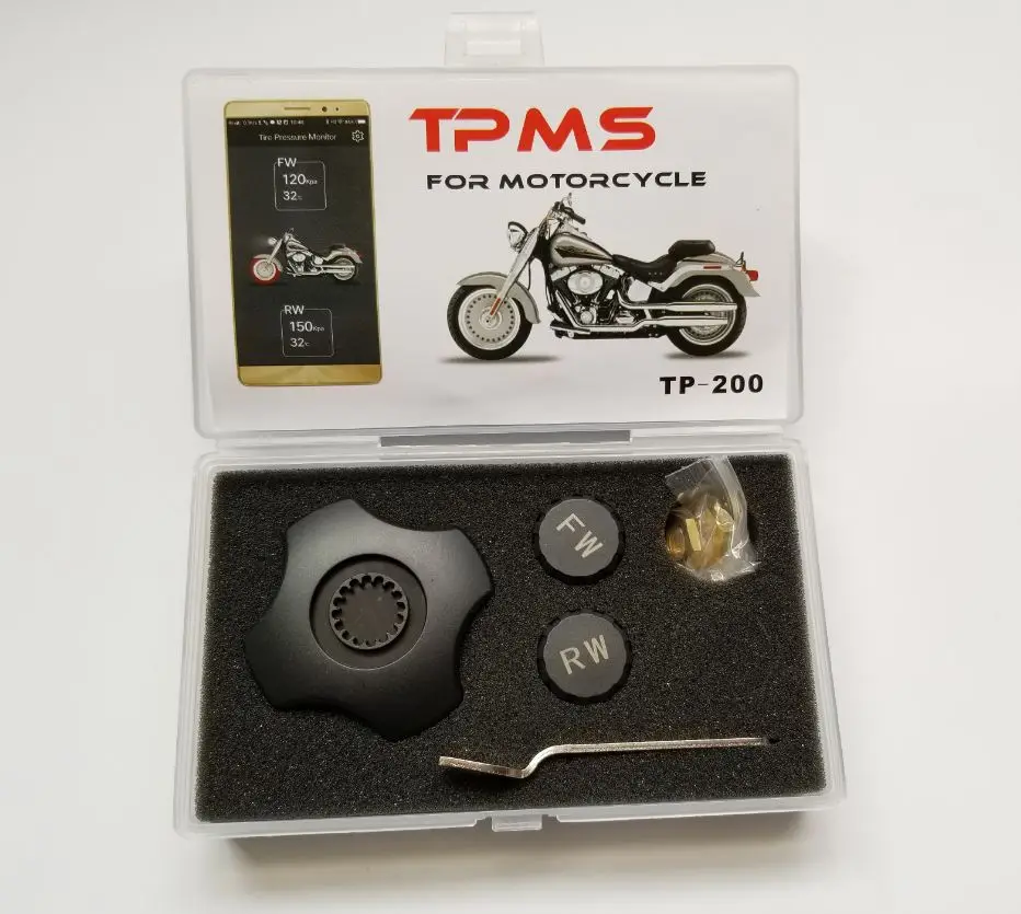 Wireless Motorcycle Bluetooth Tire Pressure Monitoring System TPMS Mobile Phone APP Detection 2 External Sensors
Wireless Motorcycle Bluetooth Tire Pressure Monitoring System TPMS Mobile Phone APP Detection 2 External Sensors