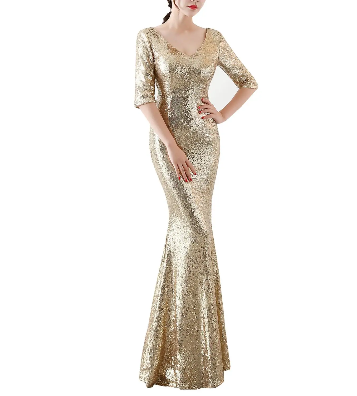 Solovedress Mermaid Sequins Evening Dress Shiny V Neck Half 1/2 Sleeves Floor Length Gold Navy Formal Bridal Gown
Solovedress Mermaid Sequins Evening Dress Shiny V Neck Half 1/2 Sleeves Floor Length Gold Navy Formal Bridal Gown