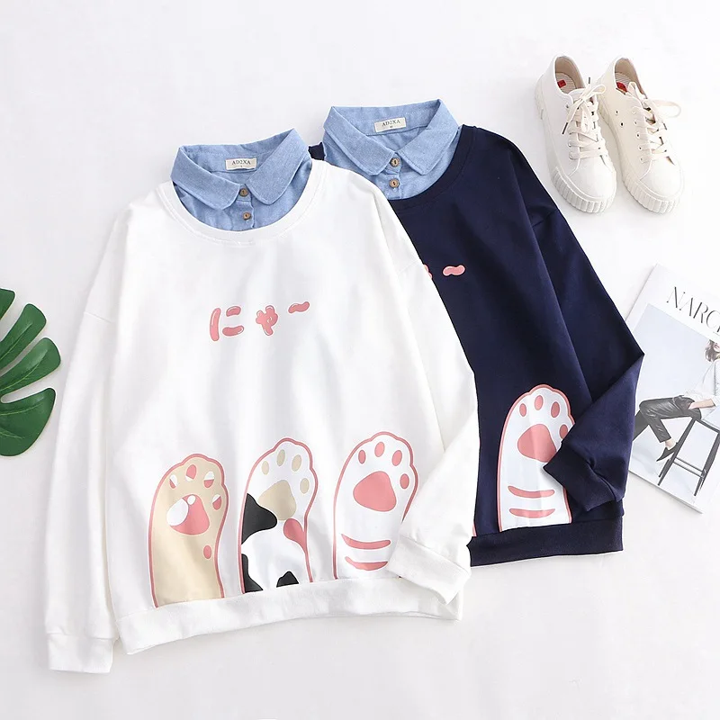 2019 Spring New Denim Collar Women Cartoon Cat Claw Print Sweatshirt Female Top Cute Long Sleeve Pullover Sweatshirt Women
2019 Spring New Denim Collar Women Cartoon Cat Claw Print Sweatshirt Female Top Cute Long Sleeve Pullover Sweatshirt Women