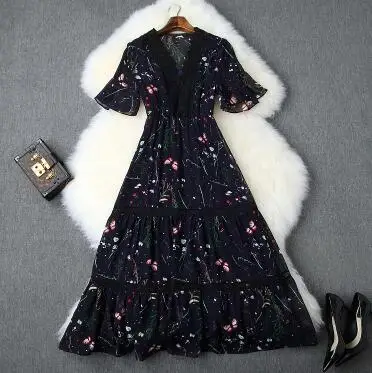 2019 summer women's new V-neck stitching lace trumpet sleeves high waist ruffled side floral dressT3687
2019 summer women's new V-neck stitching lace trumpet sleeves high waist ruffled side floral dressT3687