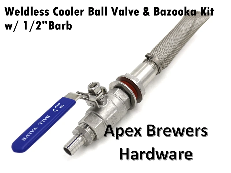 Weldless Cooler Bazooka Kit, 6" Bazooka Screen, 2-Piece Ball Valve, 1/2" Hose Barb, Brewer Hardware
Weldless Cooler Bazooka Kit, 6" Bazooka Screen, 2-Piece Ball Valve, 1/2" Hose Barb, Brewer Hardware