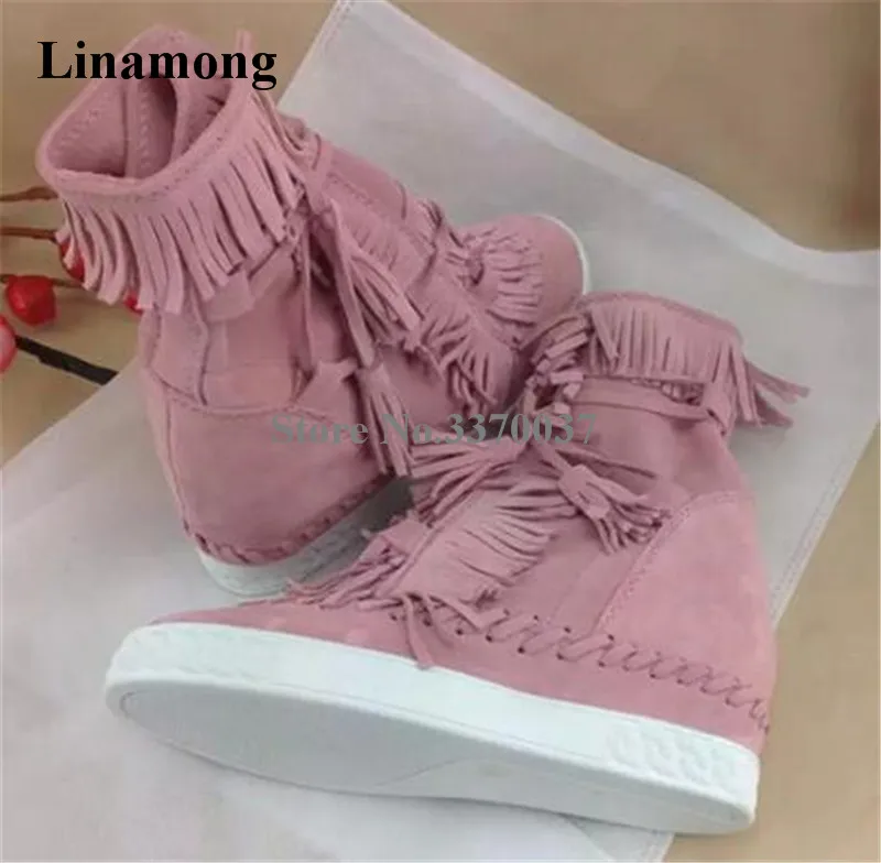 High Quality Women Fashion Round Toe Suede Leather Fringed Platform Wedge Short Boots Tassels Height Increasing Wedge Ankle Boot
High Quality Women Fashion Round Toe Suede Leather Fringed Platform Wedge Short Boots Tassels Height Increasing Wedge Ankle Boot