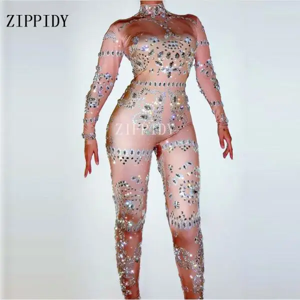 Sexy Silver Crystals Diamond Nude Jumpsuit Long Sleeves Stretch Rompers Nightclub Performance Female Singer Stage Show Costumes
Sexy Silver Crystals Diamond Nude Jumpsuit Long Sleeves Stretch Rompers Nightclub Performance Female Singer Stage Show Costumes