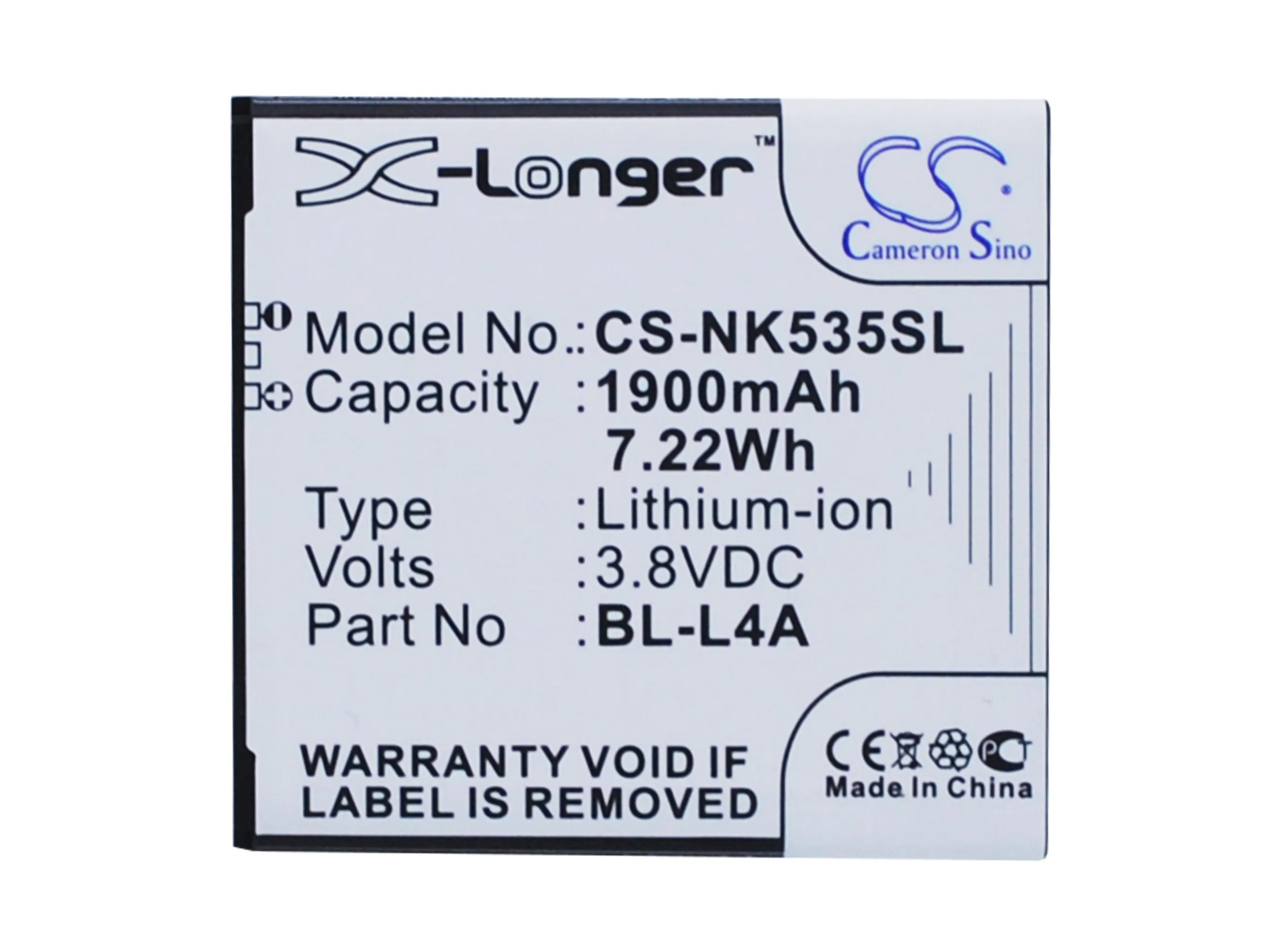 BL-L4A аккумулятора Cameron Sino 1900mAh для Nokia/Microsoft Lumia 535, Lumia 535 Dual SIM, RM-1090
BL-L4A аккумулятора Cameron Sino 1900mAh для Nokia/Microsoft Lumia 535, Lumia 535 Dual SIM, RM-1090