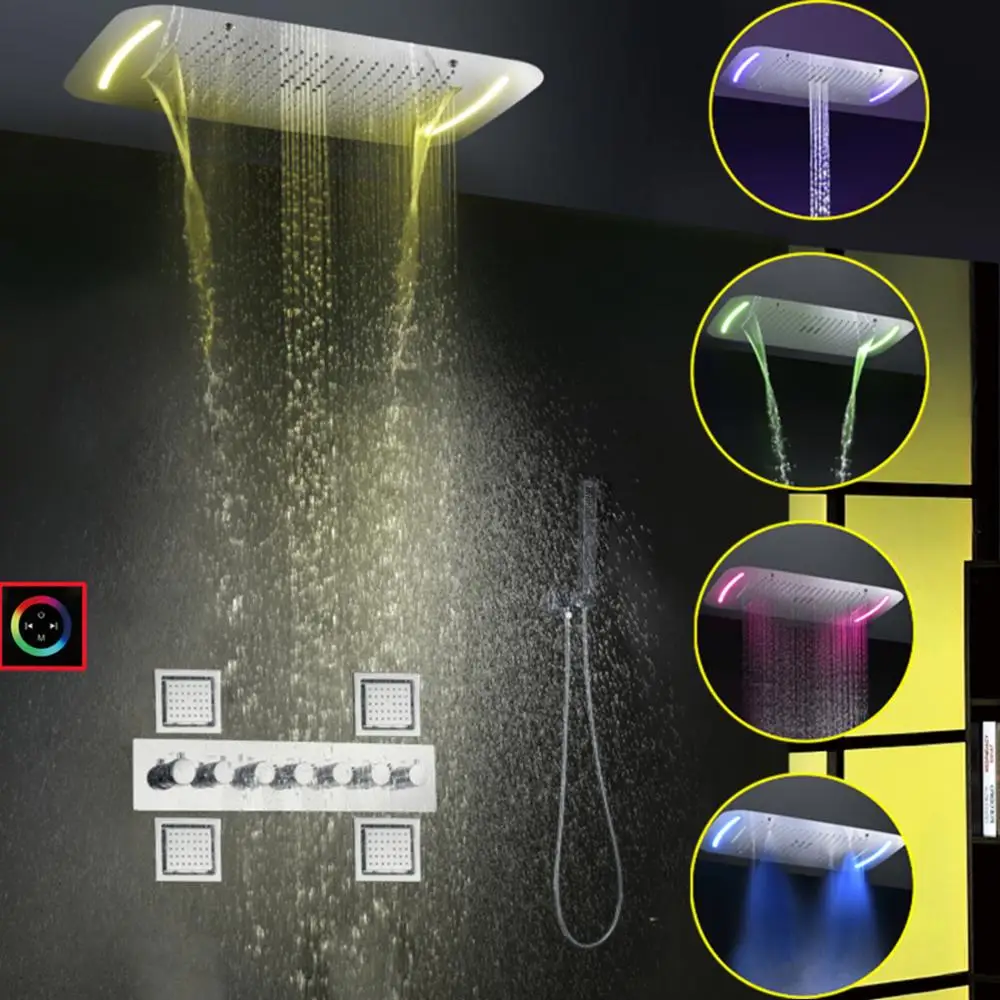 Chrome Bathroom Rain Shower System Luxury Thermostatic Faucet Set 71X43CM Ceil Mounted Head LED Panel Bath Mixer Body Sprayers
Chrome Bathroom Rain Shower System Luxury Thermostatic Faucet Set 71X43CM Ceil Mounted Head LED Panel Bath Mixer Body Sprayers