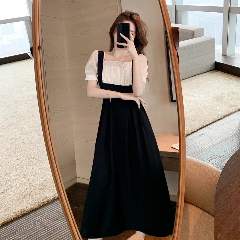 Women's Vintage Long Dress Patchwork Square Collar Straps Short Puff Sleeves High Waist Women A-Line Dresses Summer 2021
Women's Vintage Long Dress Patchwork Square Collar Straps Short Puff Sleeves High Waist Women A-Line Dresses Summer 2021