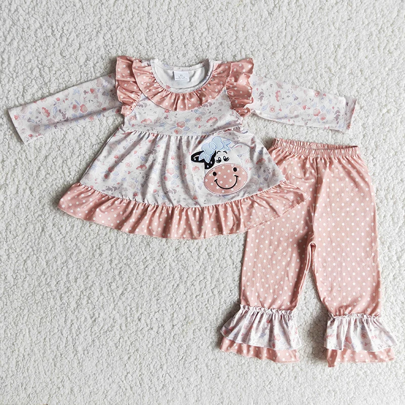 Wholesale Kids Flower Cow Clothes Baby Girl Long Sleeves Embroidery Set Ruffle Pink Dots Ruffle Pants Toddler Children Outfit
Wholesale Kids Flower Cow Clothes Baby Girl Long Sleeves Embroidery Set Ruffle Pink Dots Ruffle Pants Toddler Children Outfit
