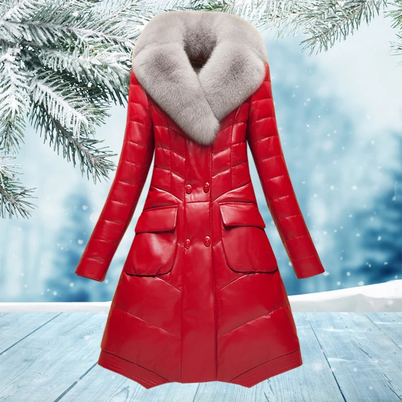 2023 New Winter Sheepskin Coat Women Genuine Leather Down Jacket Female Fashion Fox Fur Collar Thick Warm Long Overcoat Ladies
2023 New Winter Sheepskin Coat Women Genuine Leather Down Jacket Female Fashion Fox Fur Collar Thick Warm Long Overcoat Ladies