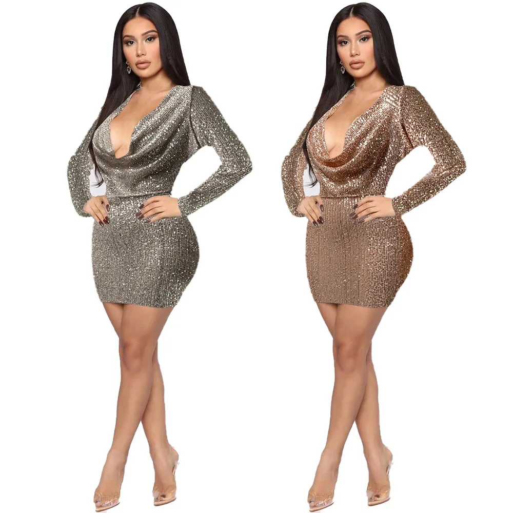 Spring Design Sexy Women Dress 2 Color Solid Sparkly Sequins V-Neck Full Sleeve Ladies Mini Dress
Spring Design Sexy Women Dress 2 Color Solid Sparkly Sequins V-Neck Full Sleeve Ladies Mini Dress