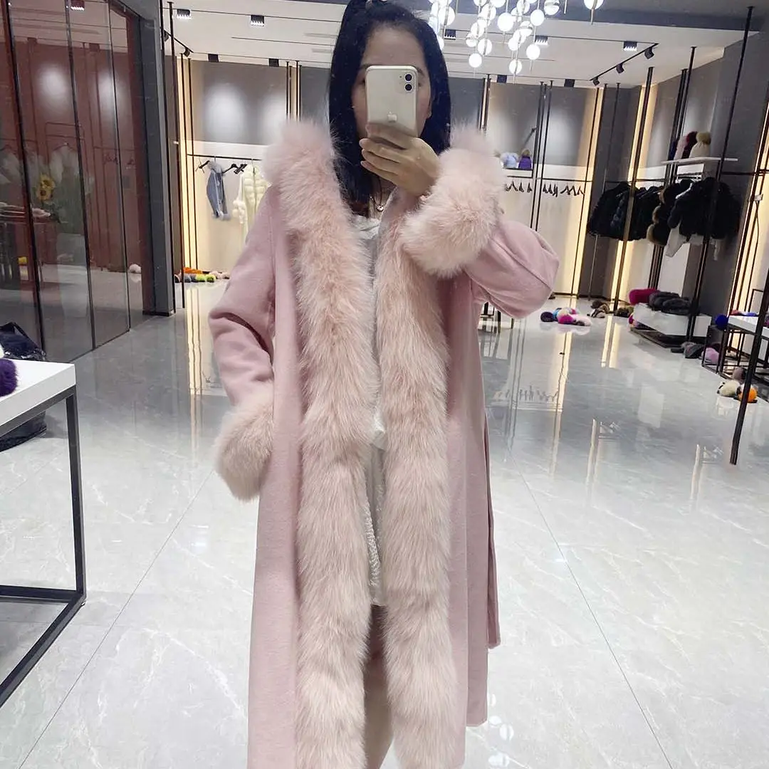 Casual Winter Spring Long Cashmere Double Face Coat Women Natural Genuine Fox Fur Trim Big Hood With Belt
Casual Winter Spring Long Cashmere Double Face Coat Women Natural Genuine Fox Fur Trim Big Hood With Belt