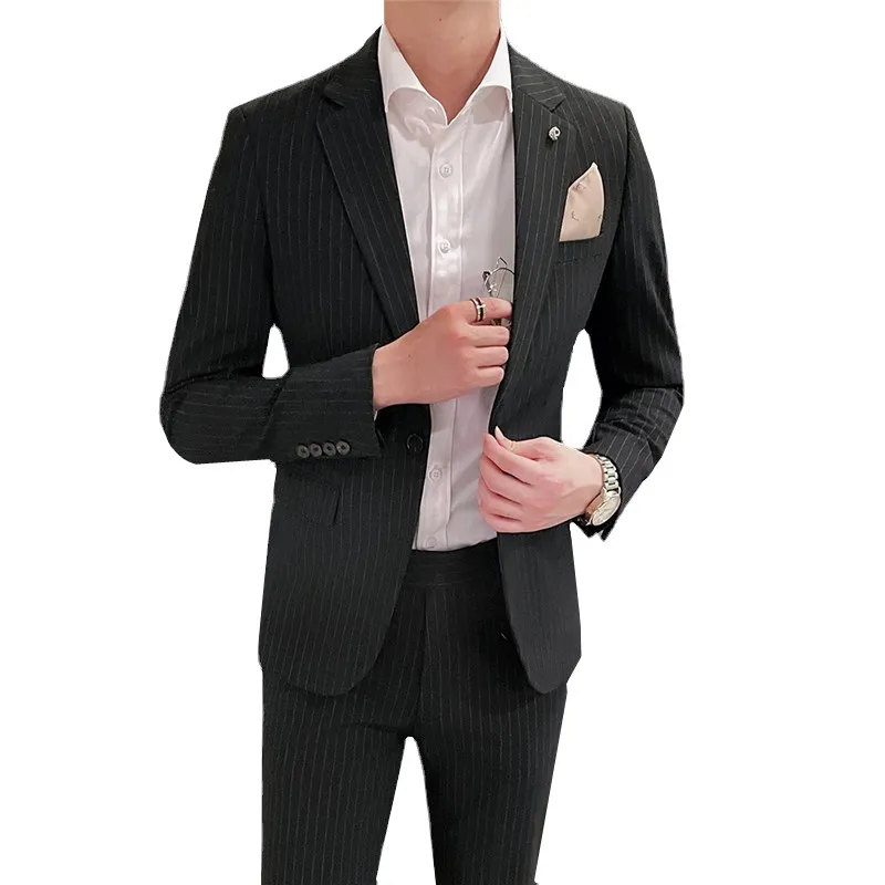 2021 New Men Business Striped Suits Black Gray Slim Fit Groom Wedding Suit 2 Pieces Sets Size S-4XL Blazer and Pant 
2021 New Men Business Striped Suits Black Gray Slim Fit Groom Wedding Suit 2 Pieces Sets Size S-4XL Blazer and Pant