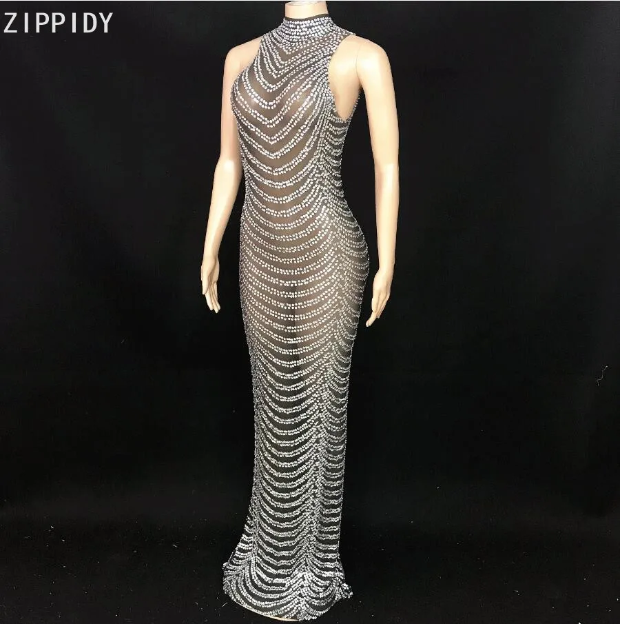 Shining Silver Rhinestones Mesh Sleeveless Long Dress Female Singer Show Stage Wear Evening Birthday Celebrate High Neck Dress
Shining Silver Rhinestones Mesh Sleeveless Long Dress Female Singer Show Stage Wear Evening Birthday Celebrate High Neck Dress