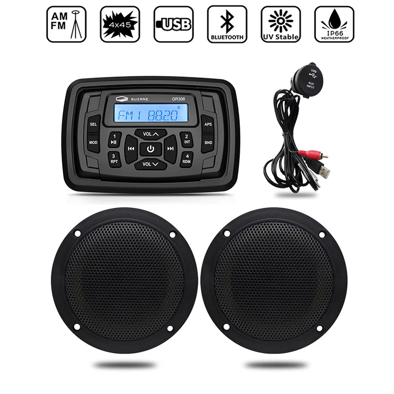 Waterproof Marine Radio Audio Stereo Boat Bluetooth Media Receiver MP3 Player+4" Marine Speaker+USB Cable For RV UTV Golf Cart
Waterproof Marine Radio Audio Stereo Boat Bluetooth Media Receiver MP3 Player+4" Marine Speaker+USB Cable For RV UTV Golf Cart