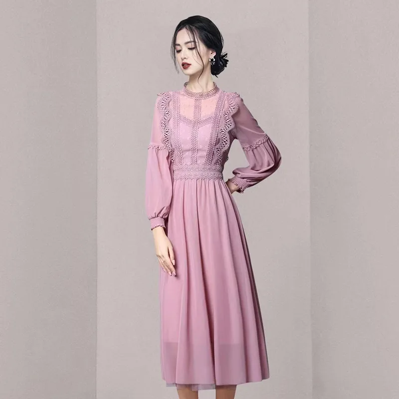 New Autumn Sweet Pink Fashion Vintage Lace Patchwork Chiffon Dress Women's Long Sleeve Mid-Length Party Dress
New Autumn Sweet Pink Fashion Vintage Lace Patchwork Chiffon Dress Women's Long Sleeve Mid-Length Party Dress