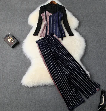Autumn women's new mesh top + color matching striped strap + velvet wide leg pants three-pieceT3714
Autumn women's new mesh top + color matching striped strap + velvet wide leg pants three-pieceT3714