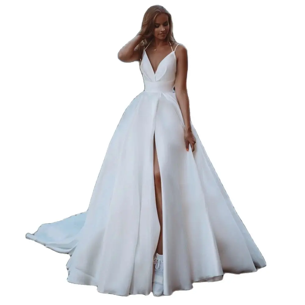 Sexy Backless A Line Wedding Gowns V-Neck Soft Satin White Wedding Dresses Boho Slit Side Plus Size Bride Dress 2021
Sexy Backless A Line Wedding Gowns V-Neck Soft Satin White Wedding Dresses Boho Slit Side Plus Size Bride Dress 2021
