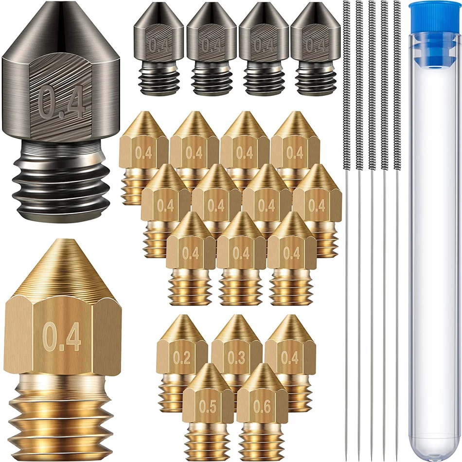 25Pcs MK8 3D Printer Extruder Nozzle Hardened Steel + Brass MK8 0.2/0.3/0.4/0.5/0.6 mm + Cleaning Needle for Makerbot Ender 3
25Pcs MK8 3D Printer Extruder Nozzle Hardened Steel + Brass MK8 0.2/0.3/0.4/0.5/0.6 mm + Cleaning Needle for Makerbot Ender 3