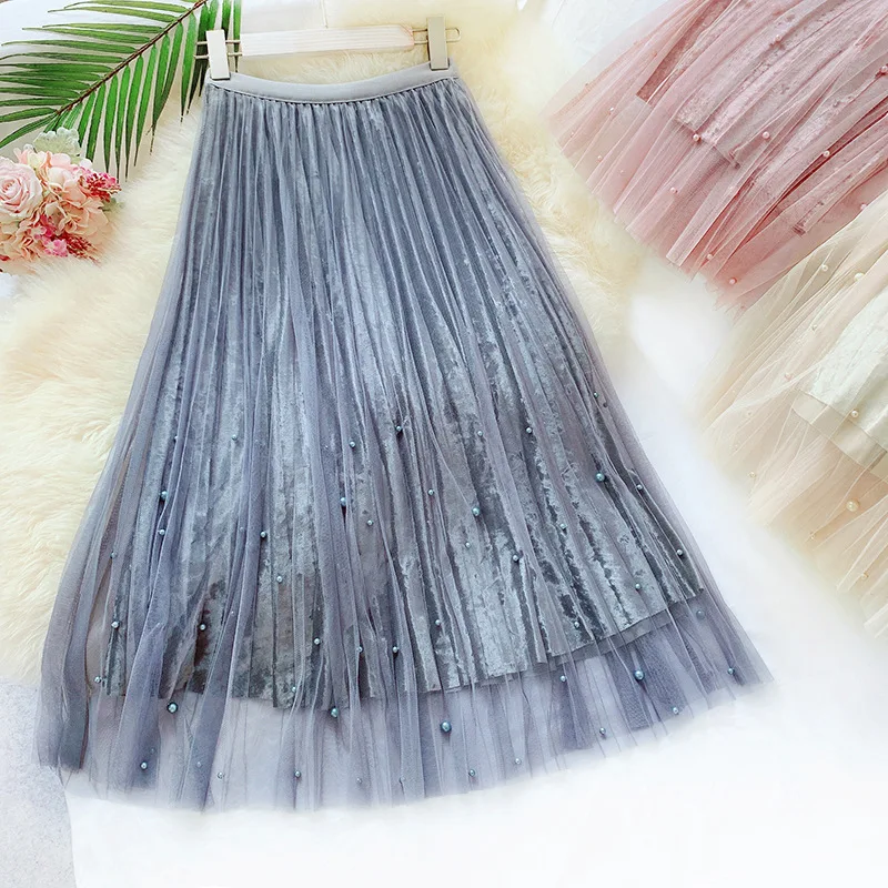 2020 Velvet Mesh Yarn Tulle Skirt Autumn Winter Faldas New High Waist Beading Pearl Pleated Skirt Women Sweet Pure Bottom Skirts
2020 Velvet Mesh Yarn Tulle Skirt Autumn Winter Faldas New High Waist Beading Pearl Pleated Skirt Women Sweet Pure Bottom Skirts