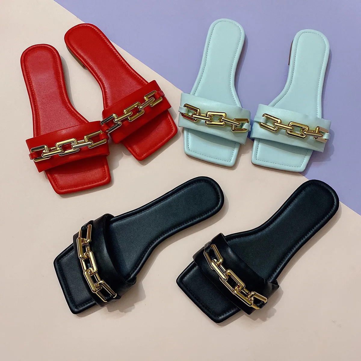 2021 NEW Fashion PU Women Shoes Summer Flat Heel Peep Toe Slipper Novelty Shallow Metal Decoration Patchwork Elegant
2021 NEW Fashion PU Women Shoes Summer Flat Heel Peep Toe Slipper Novelty Shallow Metal Decoration Patchwork Elegant