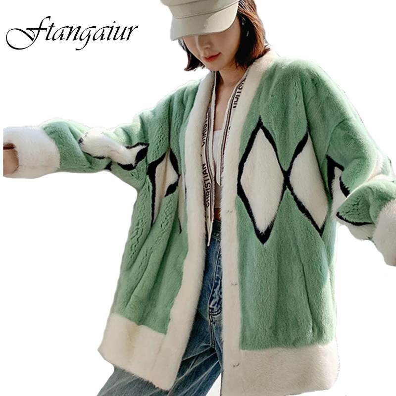 Новая зимняя импортная бархатная норковая шуба Ftangaiur, женское Свободное пальто с узором ромбиками и V-образным вырезом, женская шуба из натурального меха норки средней длины