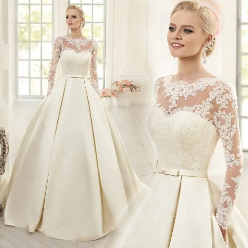 Satin Wedding Dresses with Pockets O-neck Long Sleeves Arabic Lace Wedding Dress Robe De Mariee Vestido De Noiva
Satin Wedding Dresses with Pockets O-neck Long Sleeves Arabic Lace Wedding Dress Robe De Mariee Vestido De Noiva