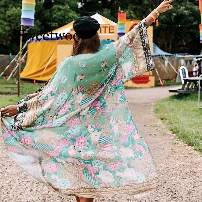 kimono Wrapped coat for women rayon boho green floral print summer coat beach wear long 2020
kimono Wrapped coat for women rayon boho green floral print summer coat beach wear long 2020