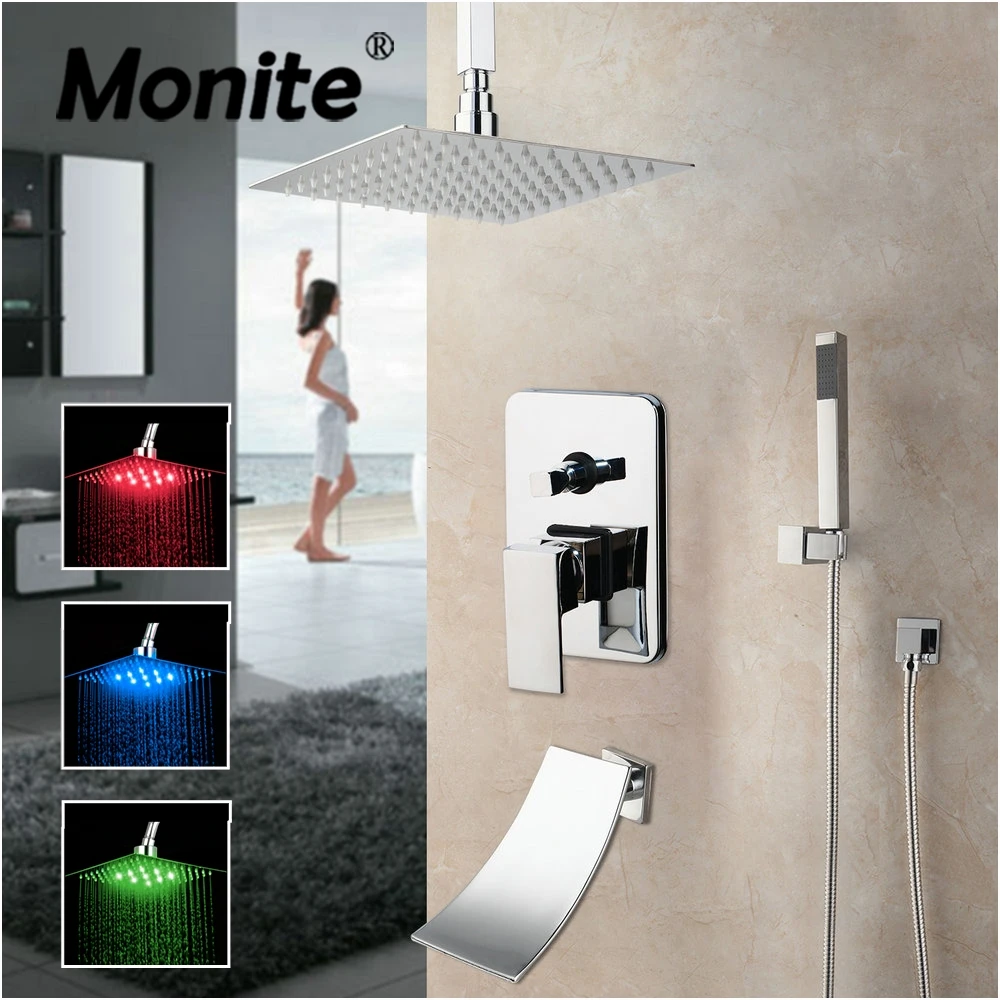 Monite Chrome Polish Bathroom Shower Set 8~16 Inch Rainfall LED Head Ceiling Mounted Mixer Chrome Brass Shower Faucet Set
Monite Chrome Polish Bathroom Shower Set 8~16 Inch Rainfall LED Head Ceiling Mounted Mixer Chrome Brass Shower Faucet Set