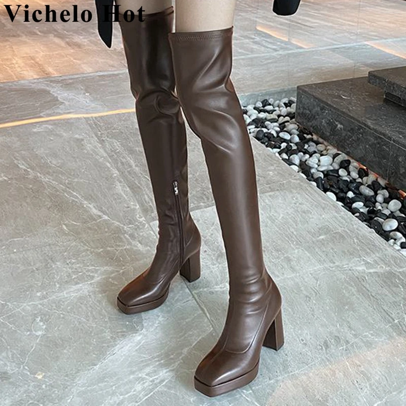 Vichelo Hot catwalk stretch boots winter cow split leather square toe platform thick high heels European over-the-knee boots l42 
Vichelo Hot catwalk stretch boots winter cow split leather square toe platform thick high heels European over-the-knee boots l42