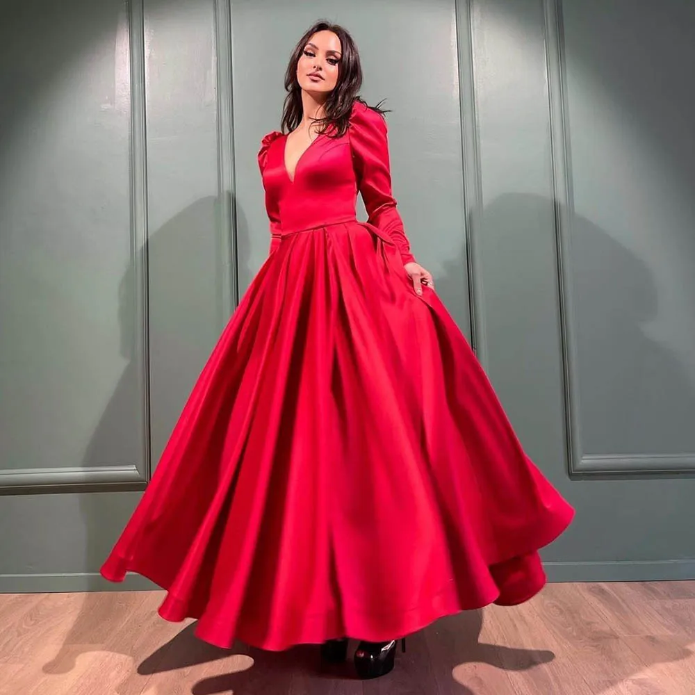 Sevintage Red A Line Long Sleeves Dubai Midi Prom Dresses Satin V-Neck Prom Gowns Ankle-Length Formal Evening Party Gowns 2022
Sevintage Red A Line Long Sleeves Dubai Midi Prom Dresses Satin V-Neck Prom Gowns Ankle-Length Formal Evening Party Gowns 2022