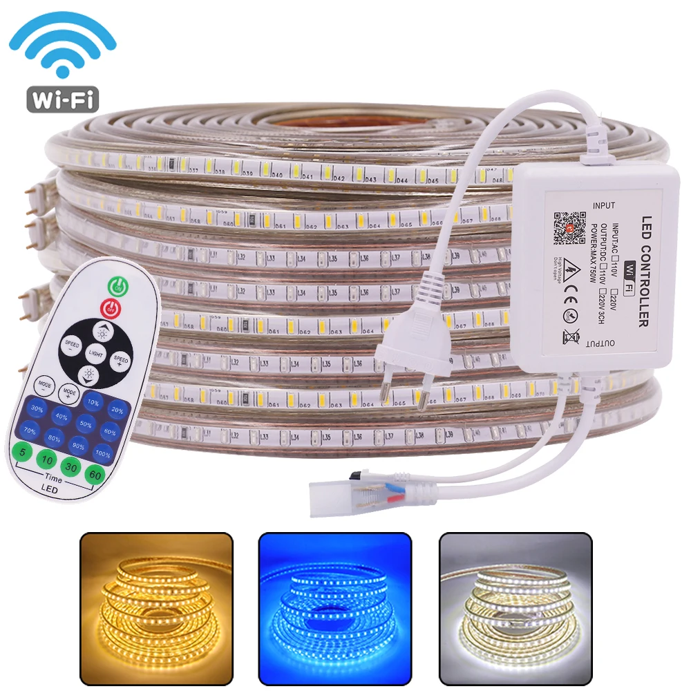 WIFI Tuya Smart LED Strip Light 220V SMD3014 120Leds/m Flexible LED Tape Dimmable Waterproof LED Ribbon Decorative Rope Light
WIFI Tuya Smart LED Strip Light 220V SMD3014 120Leds/m Flexible LED Tape Dimmable Waterproof LED Ribbon Decorative Rope Light