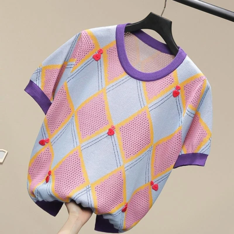 Diamond Vintage Plaid Knitted T Shirt Women Summer Short Sleeve O Neck Pullover Tees Tops Female Mixed Colors Casual T Shirts
Diamond Vintage Plaid Knitted T Shirt Women Summer Short Sleeve O Neck Pullover Tees Tops Female Mixed Colors Casual T Shirts