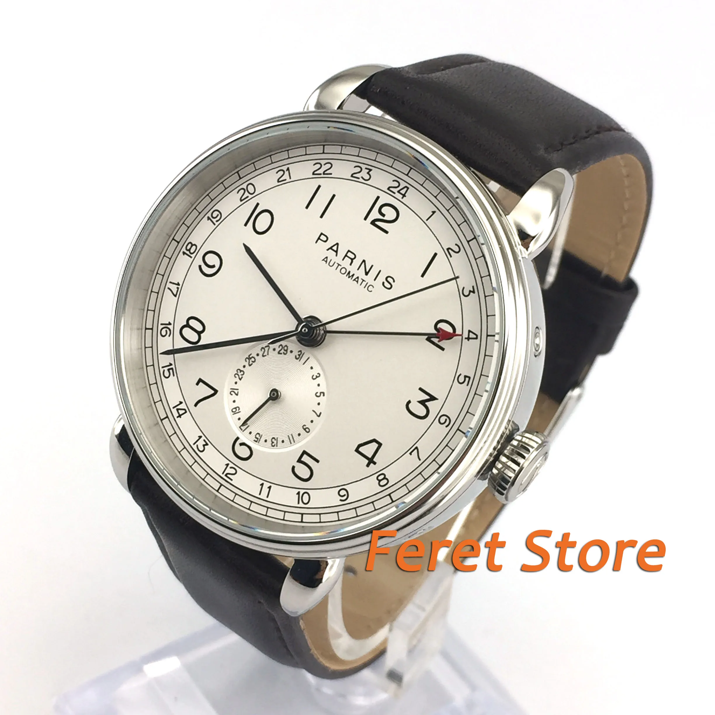 New PARNIS 42mm men watch GMT silver case arab mark date window leather strap mens top leisure automatic mechanical watch
New PARNIS 42mm men watch GMT silver case arab mark date window leather strap mens top leisure automatic mechanical watch
