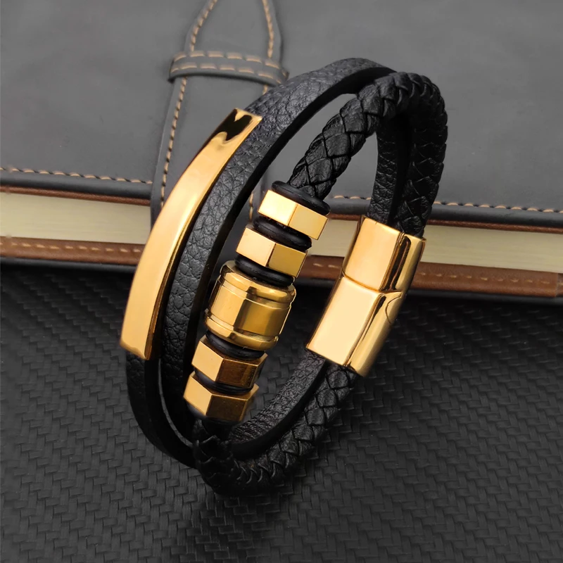 Fashion Stainless Steel Plated Gold Hexagon Charm Men's Luxury Leather Bracelet Classic For Handsome Boys Birthday Gift Pulseira
Fashion Stainless Steel Plated Gold Hexagon Charm Men's Luxury Leather Bracelet Classic For Handsome Boys Birthday Gift Pulseira