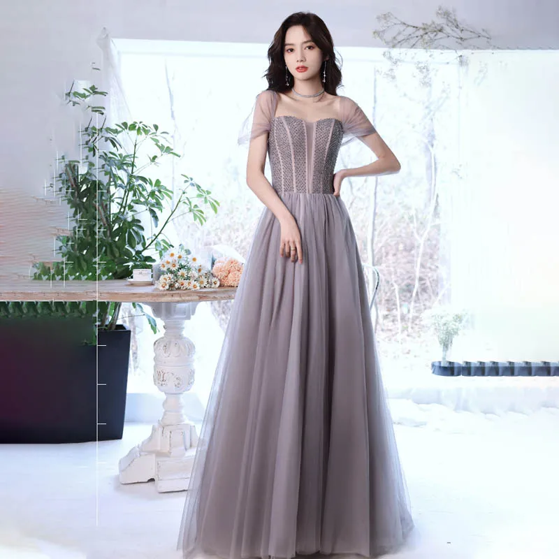 New Evening Dress Gray Sequins Simple A-Line Elegant Strapless Floor-Length Empire Short Sleeves Woman Formal Party Gowns A1848
New Evening Dress Gray Sequins Simple A-Line Elegant Strapless Floor-Length Empire Short Sleeves Woman Formal Party Gowns A1848
